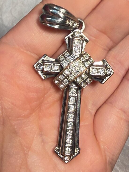Jewelry - 3D Rhinestone Cross Pendant Silver Tone Large Statement Religious Charm 3 inches